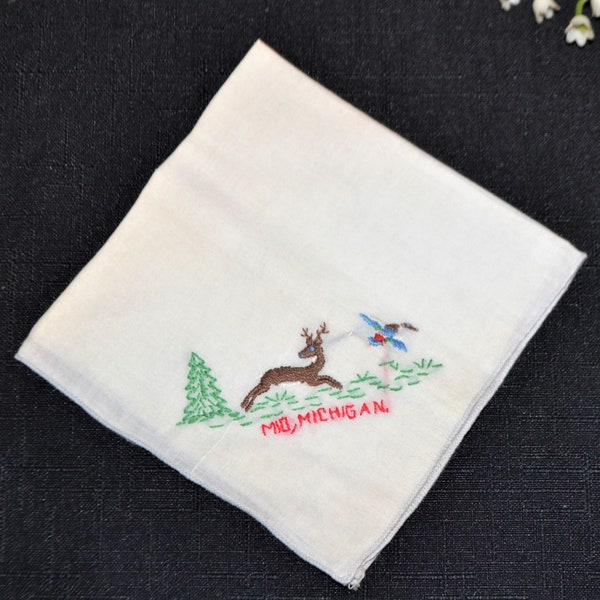 Vintage Mio, Michigan Deer, Pheasant and Trees Hanky