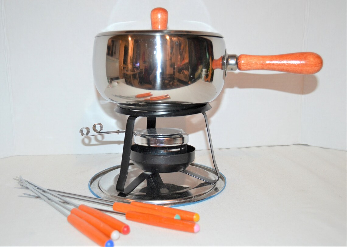 Vintage Complete Fondue Set Stainless Steel & Wood Etsy