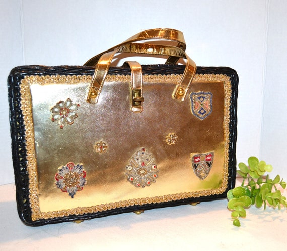 Vintage Handbag 1950's Crests in Beads on Gold wi… - image 1