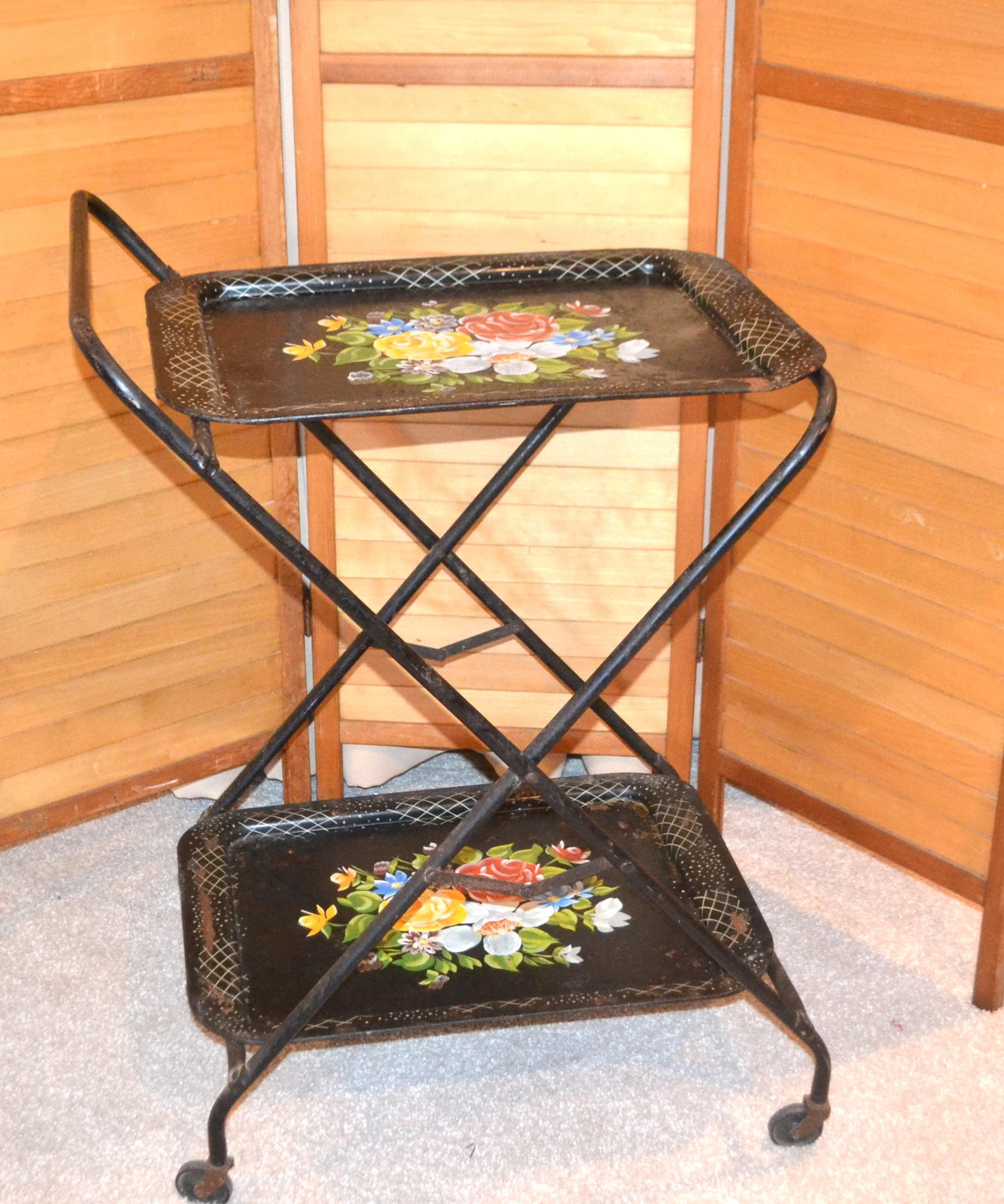 Vintage 1950's TV Trays on Rolling Cart: Chippy Botanical Mid