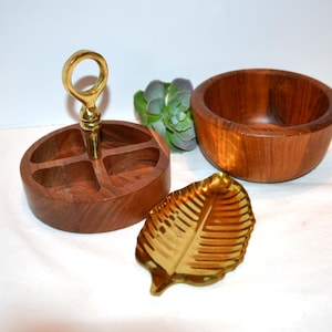Vintage Dansk Bowl Divided Dish with Brass and Leaf Catchall