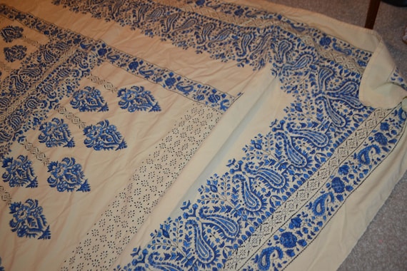 ヴィンテージインディゴブルーブロックプリントテーブルクロス：ラージ