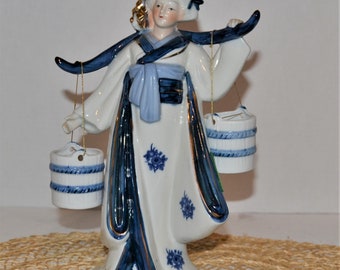 Vintage Figurine Asian Water Bucket Carrier with Yoke