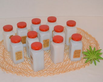 Vintage Milk Glass Spice Jars: Red Metal Lids, 1950s Kitsch Farmhouse