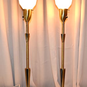 Vintage Lamp Pair Brass Art Deco Mid Century Mod Torchiere Black Cut Glass Shades 1950 Architecture Accents