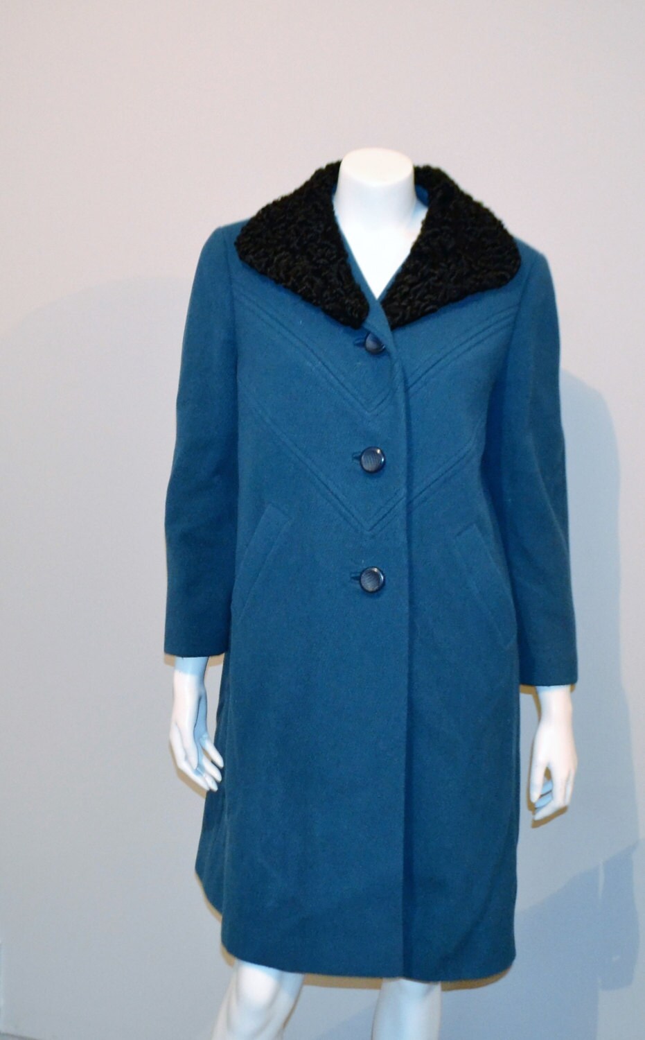 SALE END of SEASON Vintage Wool Coat Turquoise with Poodle Fur