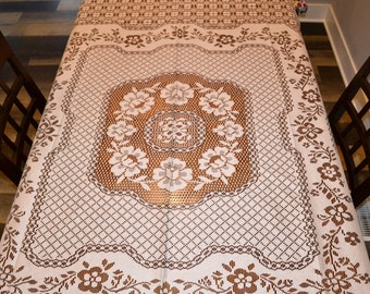 Vintage Tablecloth Cream and Cocoa Lace Casual to Formal Cutwork