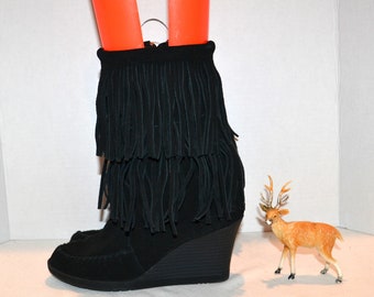 Minnetonka Fringe & Suede Boots with Wedge