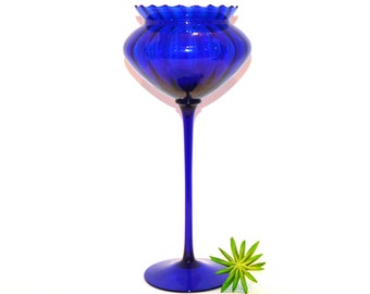 Vintage Blue Glass Bowl Pedestal Stretch