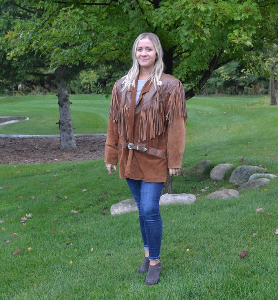Vintage Coat Western, Fringe, Silver Belt, Suede &