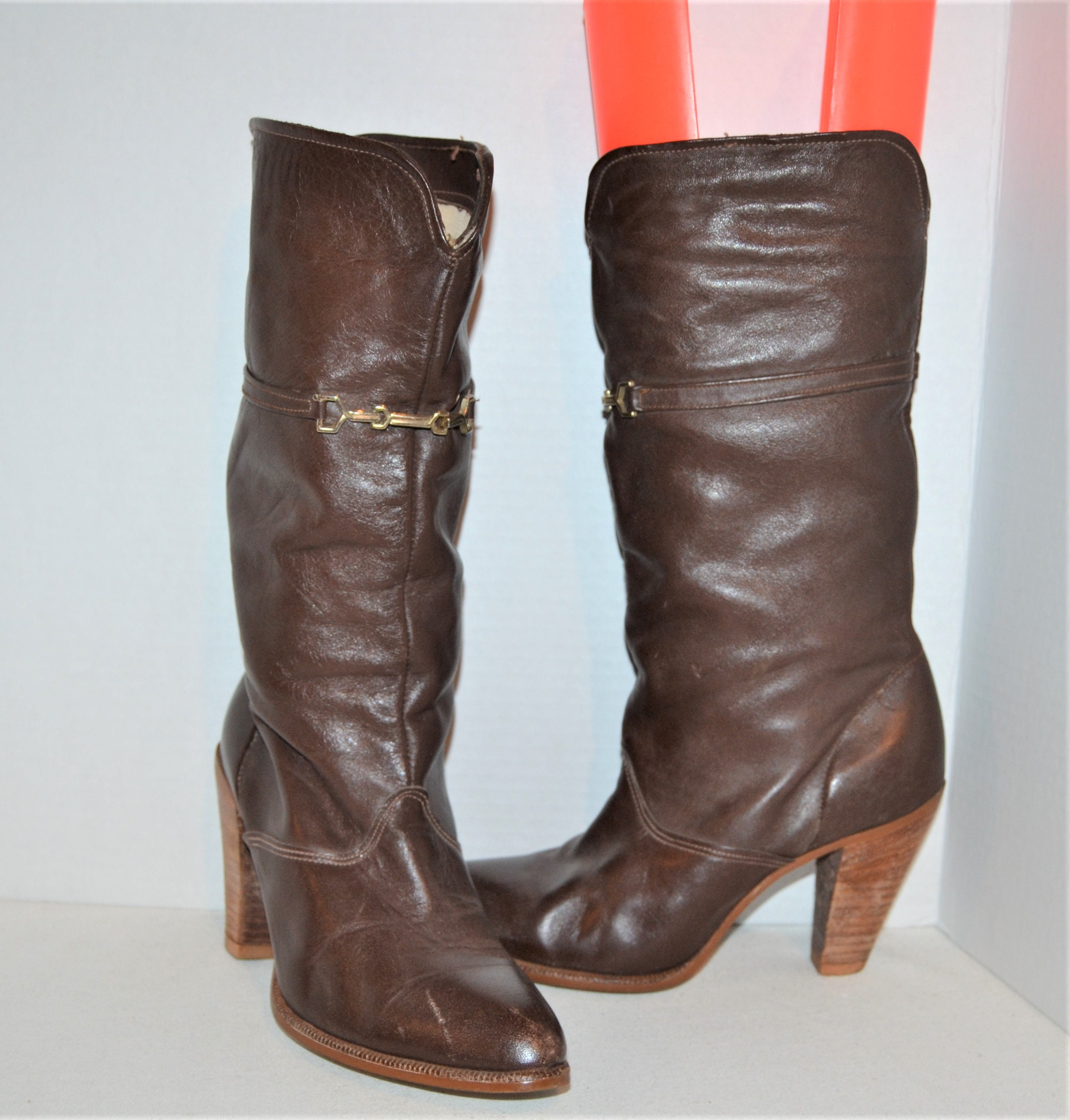 Vintage 1970s Gucci Logo Leather Cowboy Boots - ShopperBoard