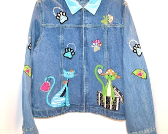Vintage Denim Jean Jacket Cats Kittens Rhinestones Bling 90s Y2K Show Piece