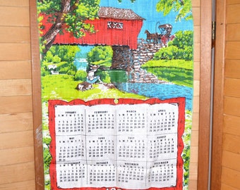 Vintage Linen 1976 Calendar with Farmhouse Covered Bridge