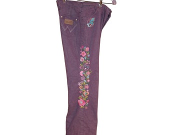 Vintage Jeans Purple Embroidery Wrangler 1970's Groovy  Hippie Flare with Logo