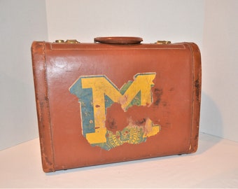 University of Michigan Leather 1940's Travel Suitcase