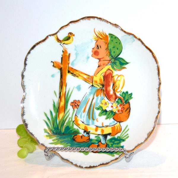 Vintage Kitschy Sweet Girl with Bird Decorative Plate