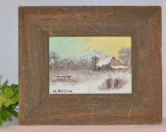 Vintage Signed Oil Painting K. Beiber Rustic Primitive Landscape Framed