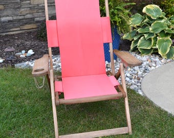 Vintage Sling Back Beach Chair: Rustic Cottagecore Wood & Canvas