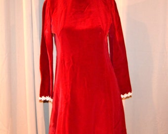 Vintage 1960's Red Velvet Dress Gogo Girl Groovy Glitz Mini