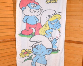 Vintage Beach Towel Three Smurfs 1980's