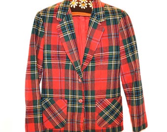 Vintage Wool Plaid Blazer Lady Traditional Preppy
