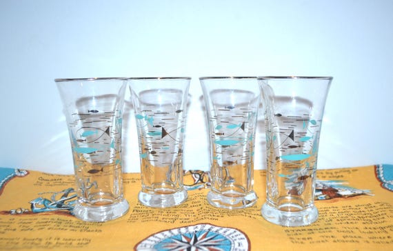 Mid Century Atomic Fish Mediterranean Aperitif Double Shot Juice Glasses Set of Four