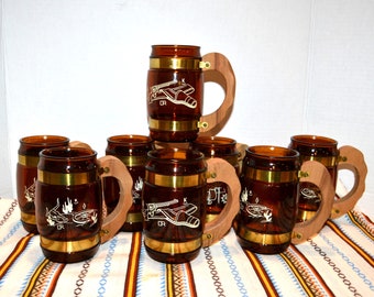 Vintage Mugs Amber Rustic Western Firepit Barware Wood with Gold