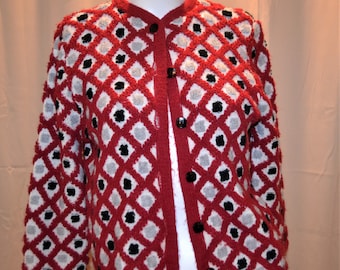 1950's Bombshell Gray, Black,  Red Sweater  with Boucle