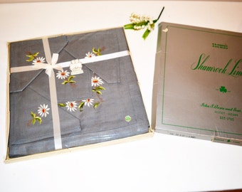 Vintage Linen Tablecloth Flowers on Gray with Napkins 1950's