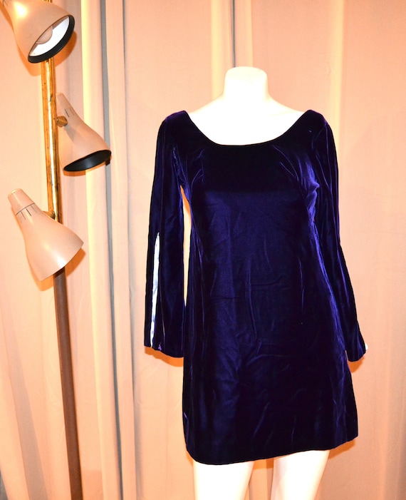 Vintage Dress Purple Velvet Mini Bell Sleeves wit… - image 1