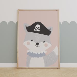 Pirate Wall Art - Cute Wolf Pirate Print for Nursery, Kids Room, Playroom - Pink Background - Printable Digital Download