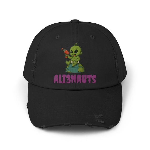 Distressed Cap, Alien Baby Sitting on Top of the World with Zap Gun, Cosmic Hat, Space Theme Cap, Unique Alien Headwear, Extraterrestrial