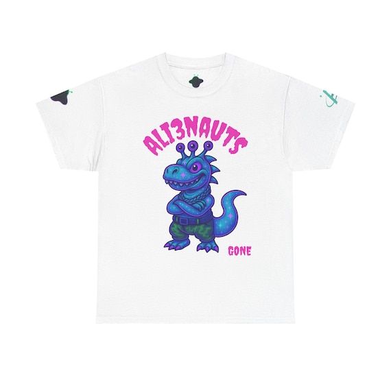 Tee with t-rex alien monster and alienauts logo, Graphic T-Shirt, Dinosaur Shirt, Space Theme Tee, Unisex Tee Shirt, Sci-Fi Tee