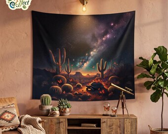 Desert Glow Tapestry l Cosmic Tortoise & Starry Sky Desert Boho Wall Art
