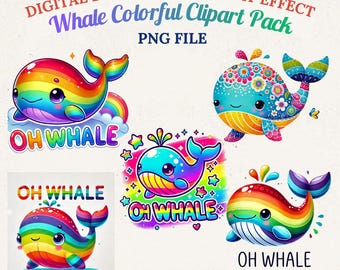Cute Rainbow Whale Vector Designs, Colorful Clipart (Digital Download)