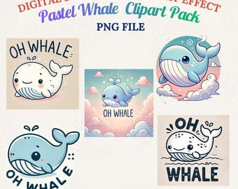 Pastel Whale Vector Clipart, Sea Animal Designs (Digital Download)