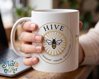 Customizable HIVE Ceramic Mug | Bee Symbol Coffee Mug | Minimal Neutral Mug | Conscious Creator Gift | The Hive Collective
