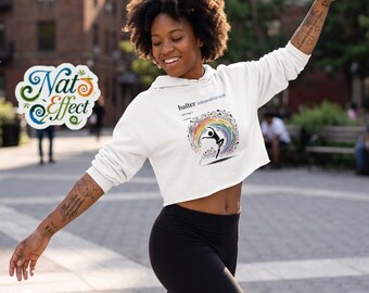 Womens Cropped Hoodie with Abstract Dance Graphic | Vibrant Rainbow Boho Sweatshirt