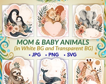 Mom and Baby Animals Watercolor Clipart (PNG, JPG, SVG) – Digital Download