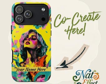 Customizable Pop Art Woman IPhone Case | Tough Case, Floral Neon Portrait, Yellow Background