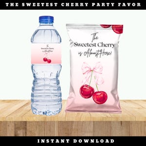 Cherry Baby Shower Favor Labels | “The Sweetest Cherry is Almost Here” Custom Chip Bag & Water Bottle Design | Digital Download