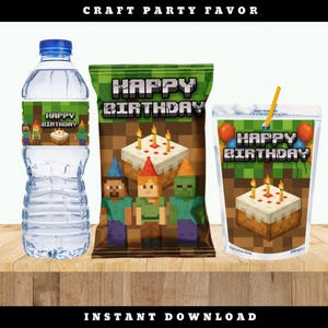 May include: A water bottle, a snack bag, and a juice pouch with a Minecraft theme. The water bottle has a label that says "Happy Birthday". The snack bag and juice pouch also say "Happy Birthday" and feature pixelated characters and a cake.