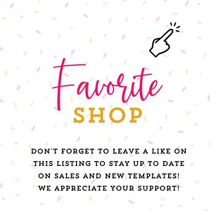 May include: A white graphic with scattered pastel confetti. The text reads Favorite SHOP in pink and gold script and block letters. A black line-art hand icon points upward. Below, black text reads: DON'T FORGET TO LEAVE A LIKE ON THIS LISTING.