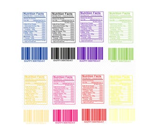 Etichette colorate con informazioni nutrizionali per feste di compleanno: etichette per bomboniere (download immediato)