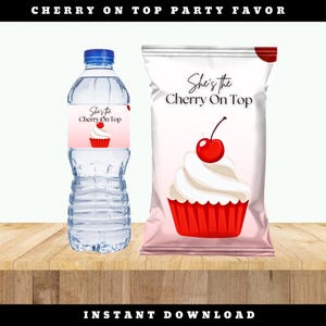Cherry Baby Shower Favor Labels | “She's The Cherry On Top” Custom Chip Bag & Water Bottle Design | Digital Download