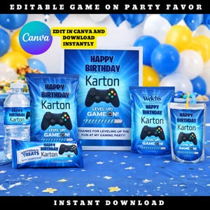 Gaming Party Favor Template Birthday Editable Canva Printable Kids Party Pack Instant Download