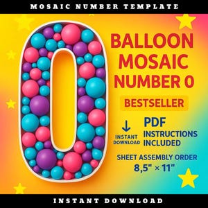 Mosaic Number 0 | 1ft - 6ft | Balloon Template Frame | FREE Guide-INSTANT DOWNLOAD!