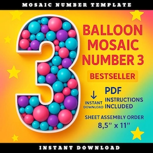 Mosaic Number 3 | 1ft - 6ft | Balloon Template Frame | FREE Guide-INSTANT DOWNLOAD!