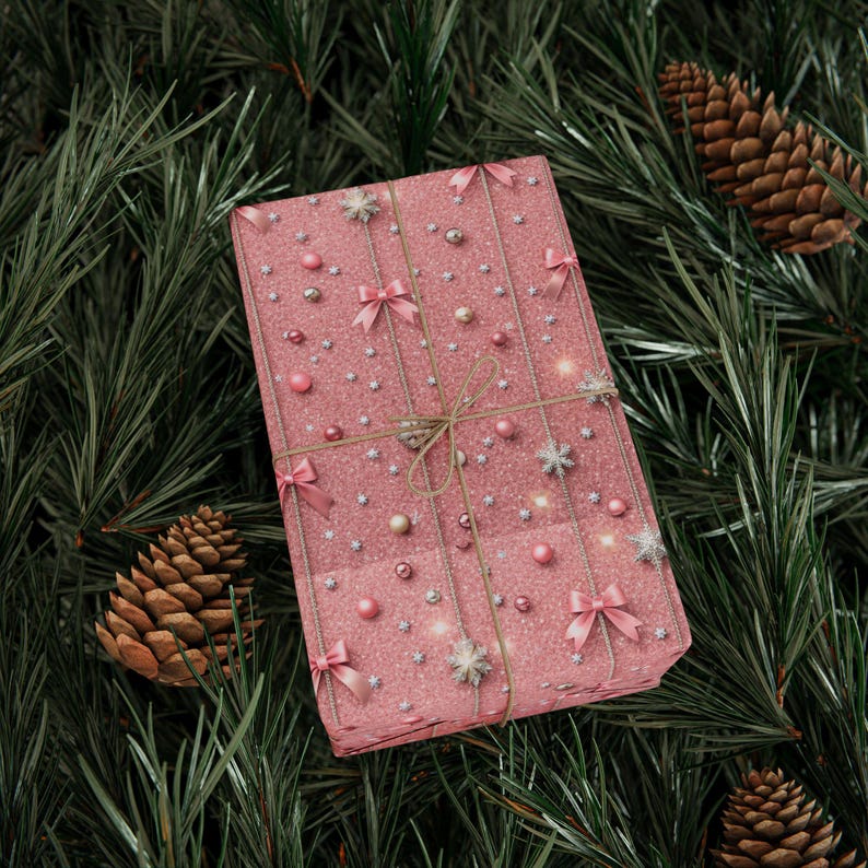Carta da regalo natalizia con glitter rosa, elegante carta da regalo festiva immagine 2