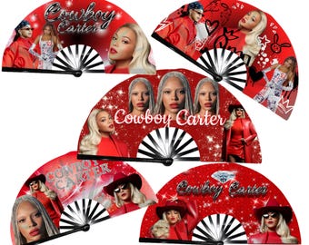 Plantilla de abanico Cowboy Carter Red Sparkle Clack: Diseño de vaquera glamurosa (PNG, descarga instantánea)